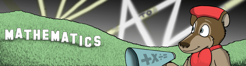 Color cartoon illustration of a coati in a beret and neckerchief, holding up a director's megaphone and looking over the Hollywood hills. The megaphone has the symbols + x (division obelus) and = on it. The Hollywood sign is, instead, the letters MATHEMATICS. In the background are spotlights, with several of them crossing so as to make the letters A and Z; one leg of the spotlights has 'TO' in it, so the art reads out, subtly, 'Mathematics A to Z'.